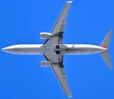 American Airlines Boeing 737-800 seen directly from below departing Boston, showing the underside outline and engine pods.